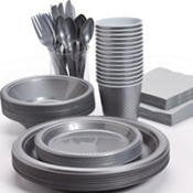 Pans Pro Tableware 48 Serving Party Set, Forks, Spoons, Knives, Plates, Bowls, Cups, Napkins, Tablecovers silver