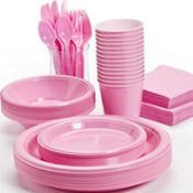 Pans Pro Tableware 48 Serving Party Set, Forks, Spoons, Knives, Plates, Bowls, Cups, Napkins, Tablecovers Pink