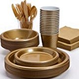 Pans Pro Tableware 48 Serving Party Set, Forks, Spoons, Knives, Plates, Bowls, Cups, Napkins, Tablecovers Gold