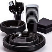 Pans Pro Tableware 48 Serving Party Set, Forks, Spoons, Knives, Plates, Bowls, Cups, Napkins, Tablecovers (Black)