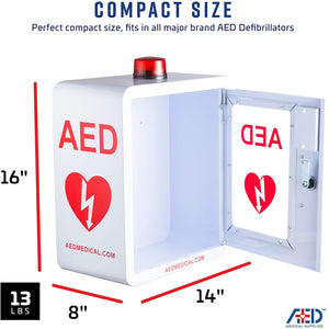 Stainless Steel AED Cabinet | 14 x 8 x 15.5 Inch  | With Emergency Strobe Light, Door-Activated Alarm & Key
