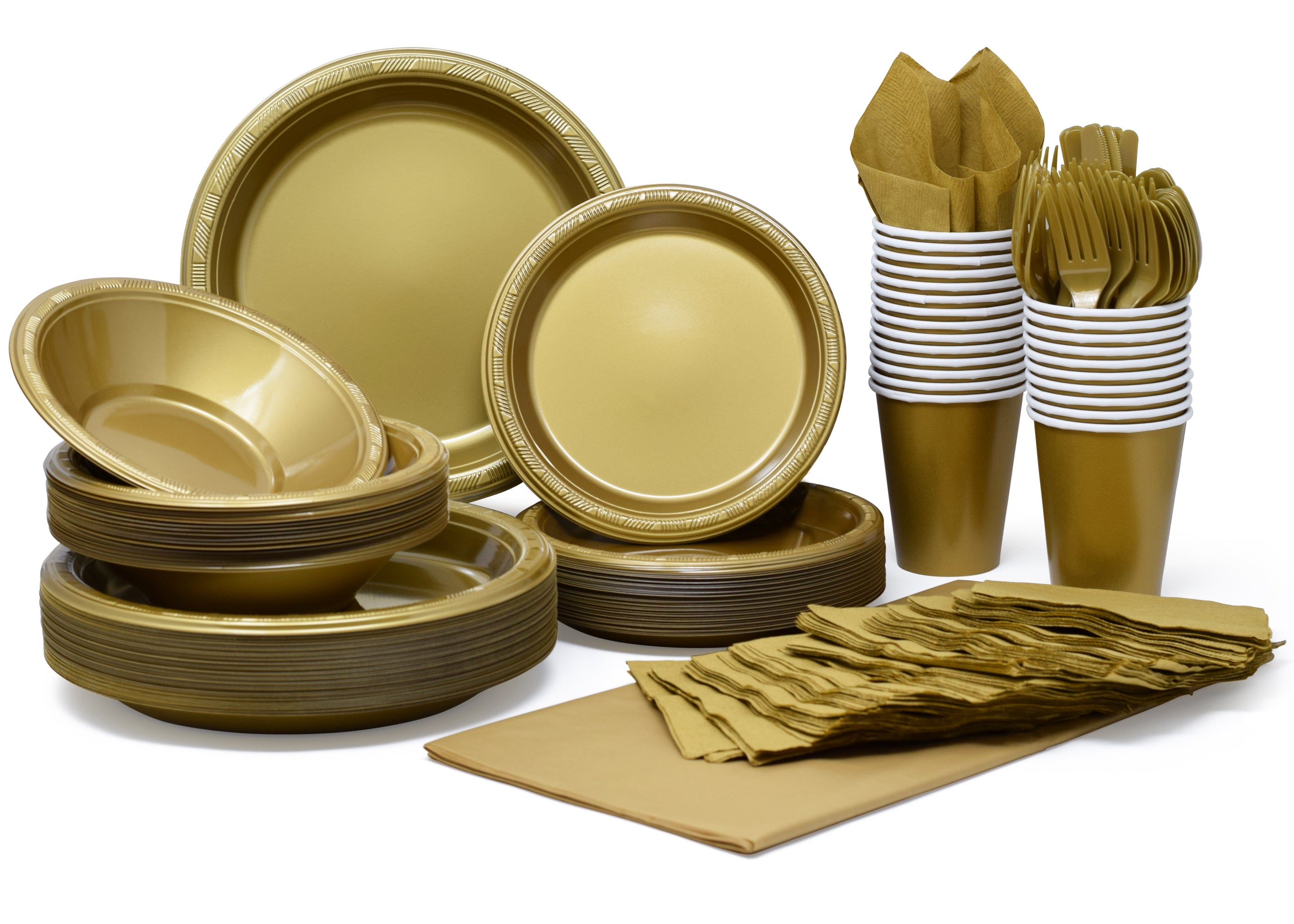 Pans Pro Tableware 48 Serving Party Set, Forks, Spoons, Knives, Plates, Bowls, Cups, Napkins, Tablecovers Gold