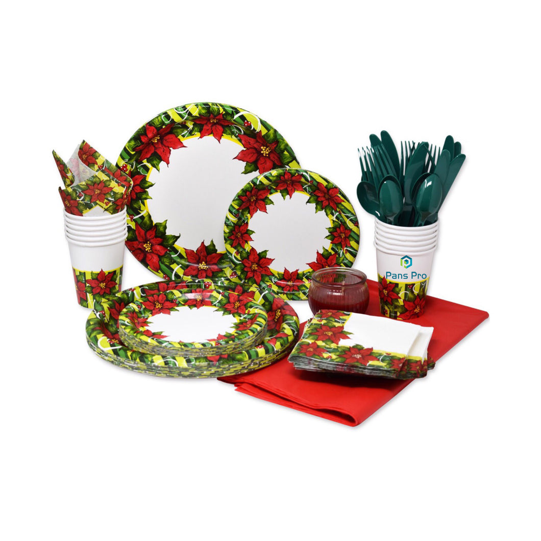 Holiday 110 Piece Dinnerware Set 24 Serving Party Set, (Christmas Theme) (Poinsettia)