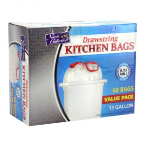 Trash Bags - 13 Gallon - Drawstring - Kitchen Bag - White - 60 Count (Case Qty: 600)