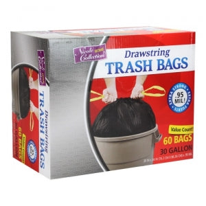 Trash Bags - 30 Gallon - Drawstring - Trash Bag - Black - 60 Count (Case Qty: 360)