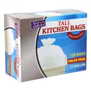 Trash Bags - 13 Gallon - Twist Tie - Tall Kitchen Bag - White - 120 Count (Case Qty: 480)
