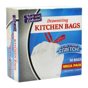 Trash Bags - 13 Gallon - Drawstring - Kitchen Bag - White - 50 Count (Case Qty: 300)