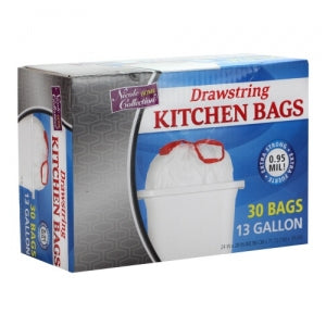 Trash Bags - 13 Gallon - Drawstring - Kitchen Bag - White - 30 Count (Case Qty: 360)