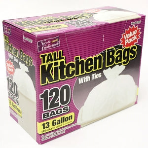 Trash Bags - 13 Gallon Tall Kitchen Bags with Ties 120 Count (Case Qty: 480)
